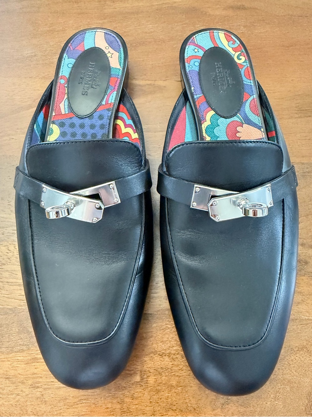 Hermes Black Leather Mules with Silver-Tone Hardware